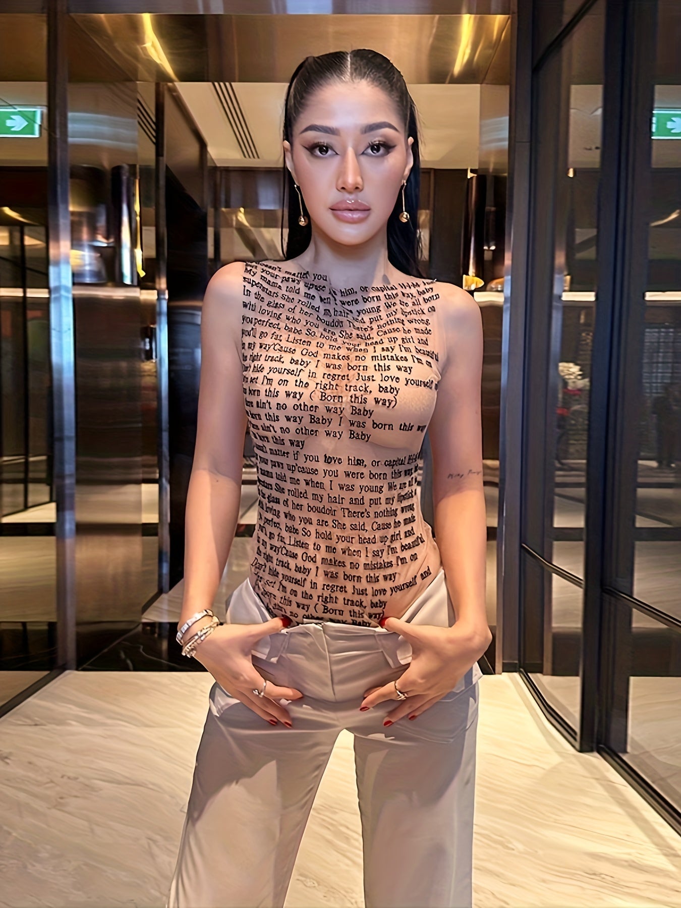 Women'S See-Through Letter Print Sleeveless Top - Stretchy Mesh Fabric, Round Neck, Sexy Backless Design for Club & Casual Wear, Spring Fashion Tee, Versatile Clothing | Backless Fashion | Mesh Fabric Top
